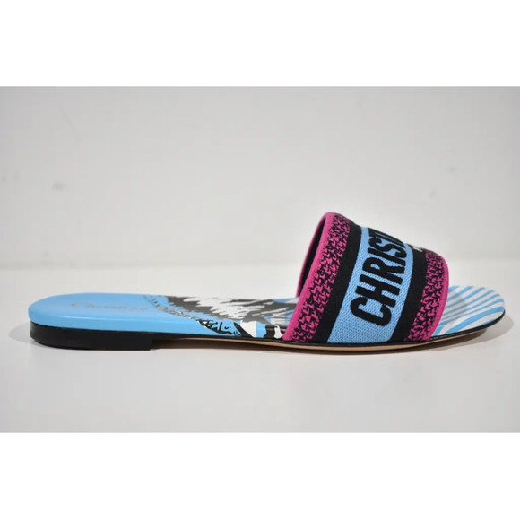 Christian Dior Dway D Jungle Blue Black Embroidered Logo Slide Flat Sandal 36 - Picture 2 of 12